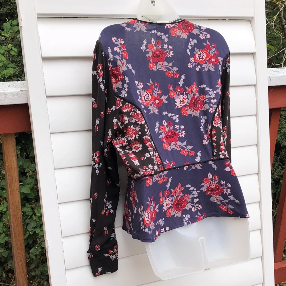Free People Navy Floral Tie-Front Blouse with Black Sheer Sleeves